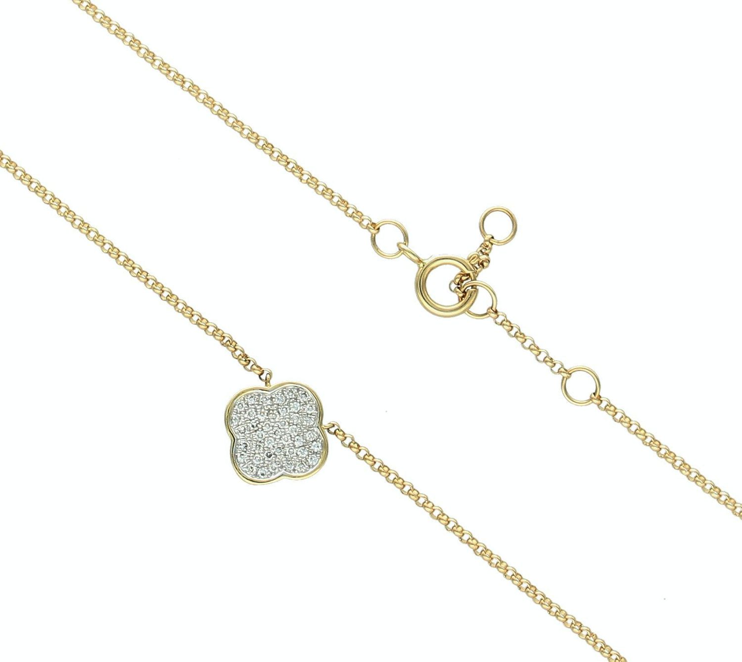 Złoty naszyjnik damski 585 koniczynka z diamentami 0,1ct N10163Y G. Biżuteria z diamentami. Naszyjnik z diamentami. Naszyjnik złoty z diamentami. Naszyjnik koniczynka z diamentami. Złoty naszyjnik damski idealny na prezent  (1).jpg